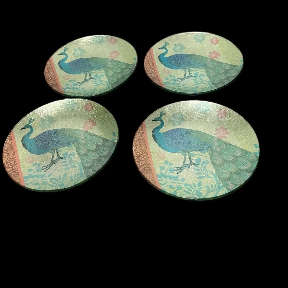 Pier 1 Imports Foiled Back 6” Peacock Appetizer Dessert Plates set of 4